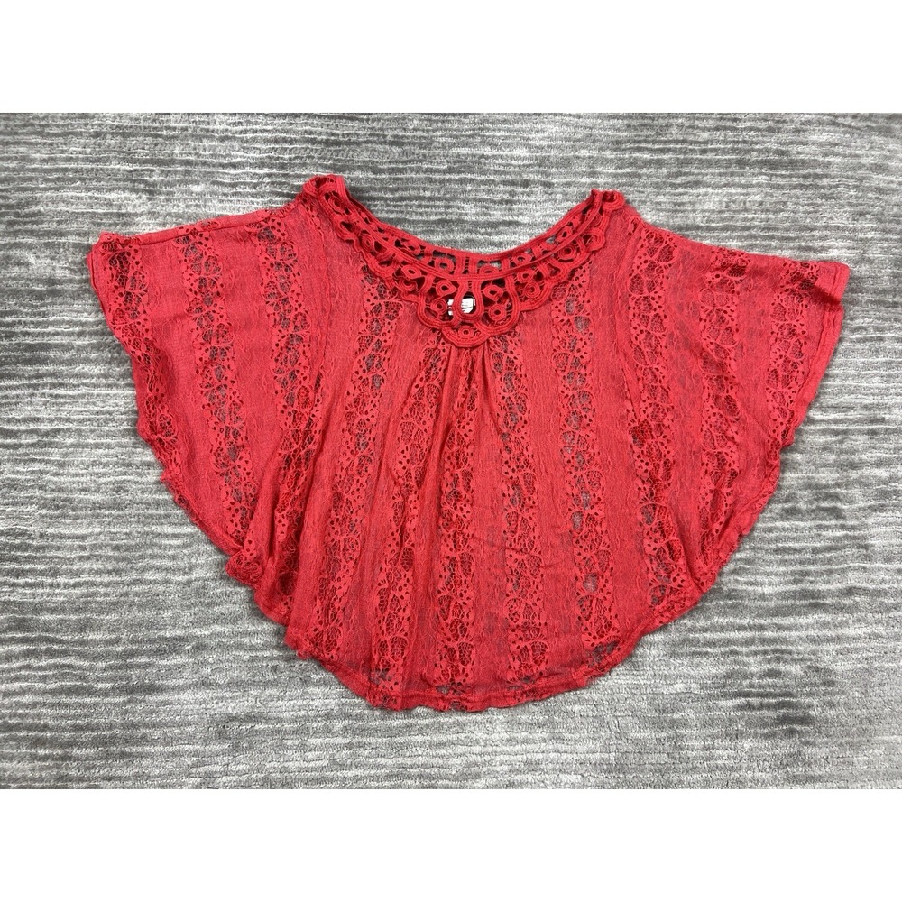 Fashion Magazine Poncho Top Womens L Red Floral Lace Crochet Neck Cape 1352